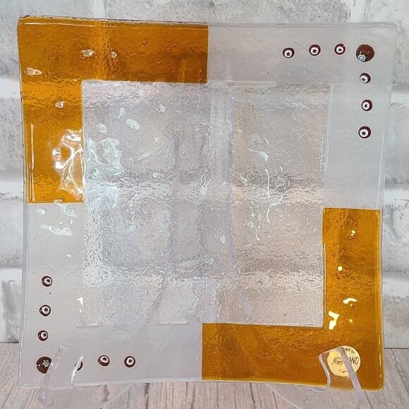Vintage MCM Murano Italy Art Glass Tray Trinket Dish Orange Clear - Picture 1 of 11